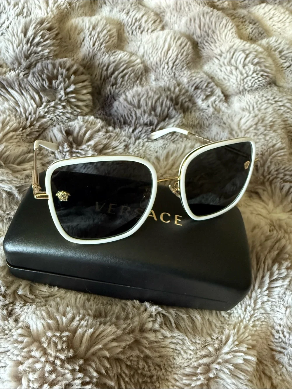 Versace White Frame Black Lens Sunglasses with Gold Accents